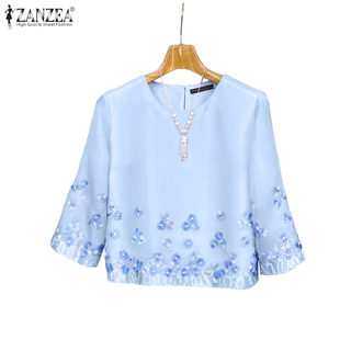 ZANZEA ซานเซีย สเวตเตอร์คอกลมแขน3/4 พิมพ์ลายดอกไม้ เสื้อย้อนยุคสำหรับผู้หญิง