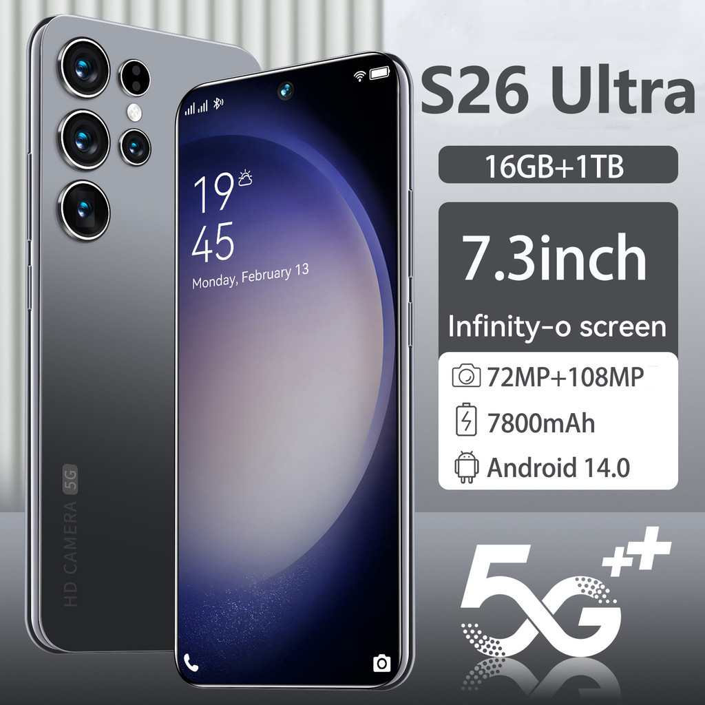 2025 Hot S26 Ultra โทรศัพท์มือถือคุณภาพสูงใหม่ 7.3 นิ้ว HD Snapdragon 8 gen3 สมาร์ทโฟน 5G 16G + 1TB 