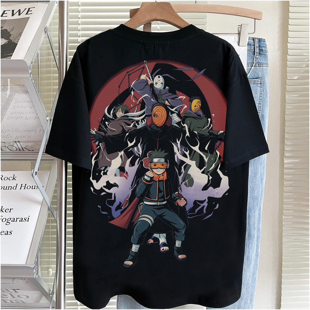 เสื้อยืดคอกลมน ทรงหลวม ารูโตะฤดูร้อน สไตล์สตรีท Uchiha Obito อะนิเมะ พิมพ์แขนสั้นสีดำปักลายt shirt ส