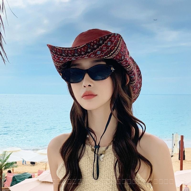 หมวกคาวบอยหญิงสไตล์เวสเทิร์น สำหรับสวมใส่กลางแจ้งและเดินทาง พร้อมฟังก์ชั่นกันแดด