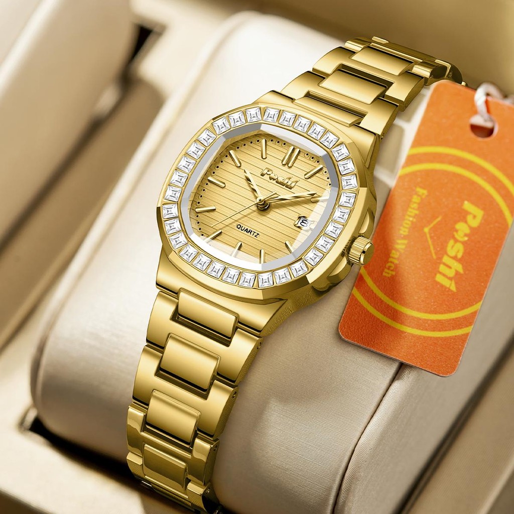[ของขวัญ][พร้อมกล่อง]POSHI Original Luxury Diamond สแตนเลสอัตโนมัติสุภาพสตรีนาฬิกากันน้ําผู้หญิง Luminous nonmechanical เวอร์ชั่นเกาหลีนาฬิกาข้อมือสีทองของขวัญสําหรับหญิง