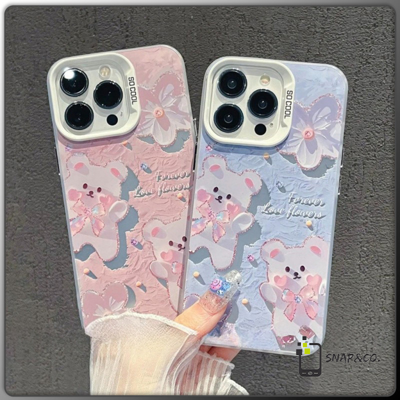 for เคสไอโฟน 13 12 11 iPhone 16 15 14 PRO MAX X XS MAX XR 7/8PLUS หมีตัวน้อยน่ารักสีชมพูและสีน้ำเงินแอปเปิ้ลโทรศัพท์ จัด