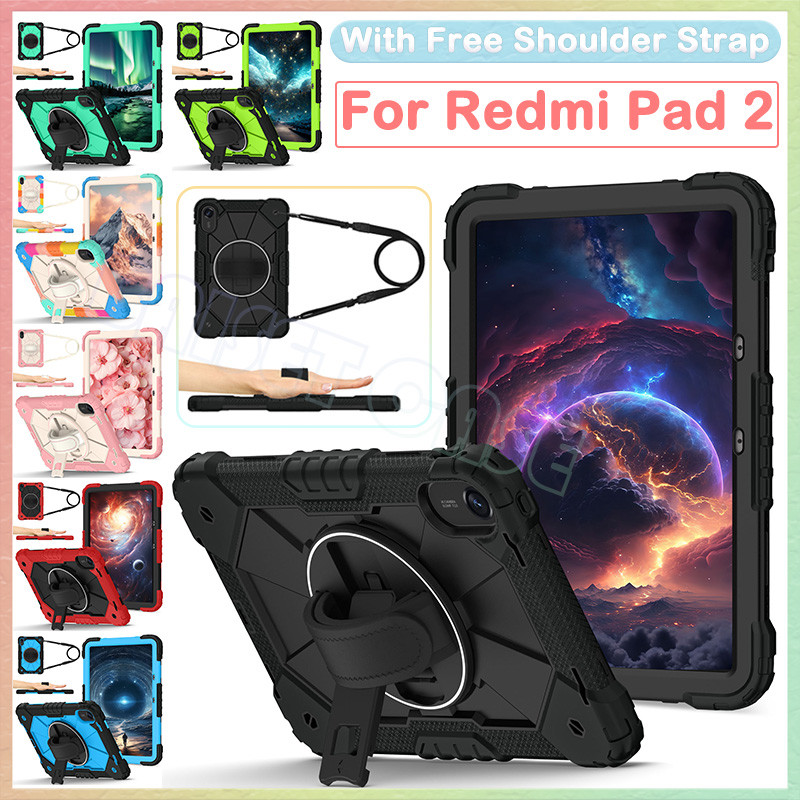 สําหรับ Redmi Pad 2 2025 11 นิ้ว Redmi Pad 2 4G 360° ฝาครอบขาตั้งที่จับหมุนได้ เคสกันกระแทกสําหรับงานหนักพร้อมสายคล้องมือ