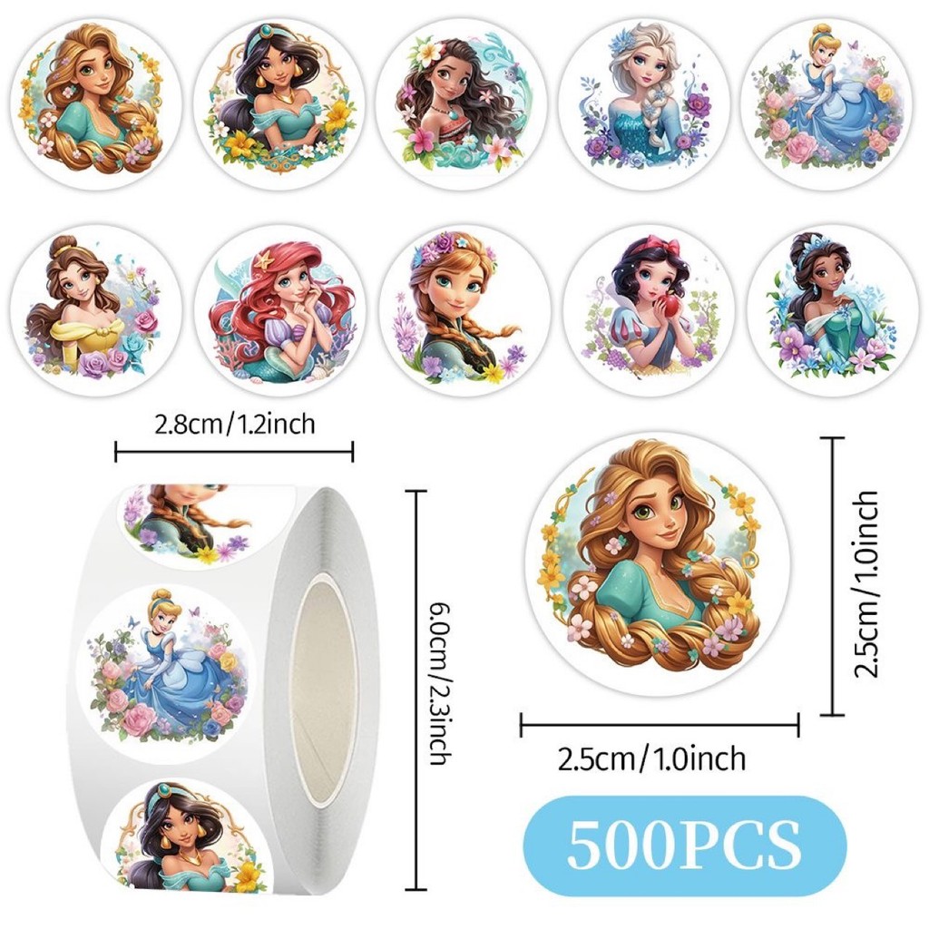 สติกเกอร์ม้วนเจ้าหญิงเทพนิยาย 500 ชิ้น/ม้วน-การออกแบบเอลซ่ามีสไตล์สําหรับเด็กที่ชวนให้นึกผิดน่ารักแท็กและตกแต่ง