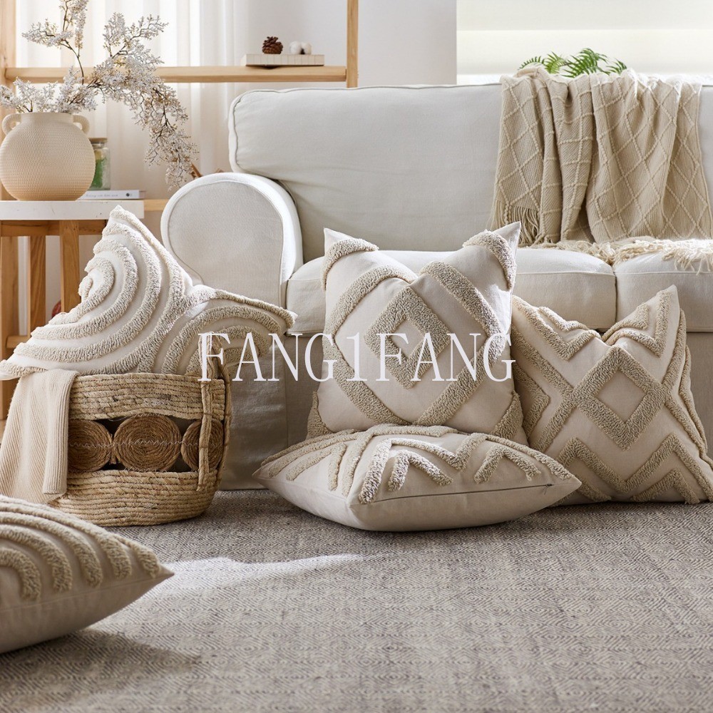 สีเบจตกแต่งเบาะรองนั่ง Tufted Tassles เพชรครึ่งวงกลม Boho สไตล์หมอนสําหรับโซฟาโซฟาโซฟาเก้าอี้เตียง 45x45 ซม.