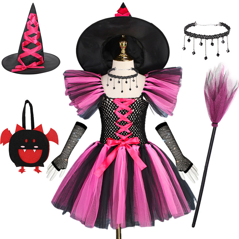 ชุดแม่มดสำหรับเด็ก พร้อมหมวกและไม้กายสิทธิ์ สีชมพูสดใส กางเกงขาสั้น เหมาะสำหรับงานปาร์ตี้ฮาโลวีน