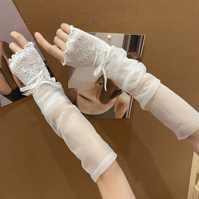 ถุงมือเกาหลีสไตล์ฮาราจูกु แบบตาข่ายพร้อมโบว์ ป้องกันแสงแดดสำหรับฤดูร้อน