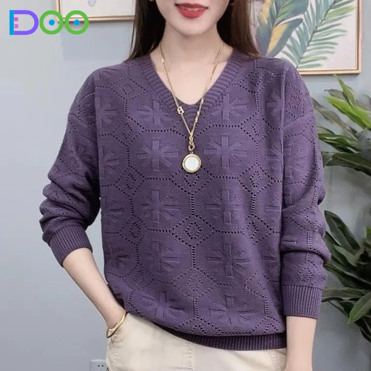 เสื้อสเวตเตอร์ถักไหมพรมแขนยาวคอกลมลายทาง สไตล์ผู้หญิง ทรงหลวมใส่ง่าย