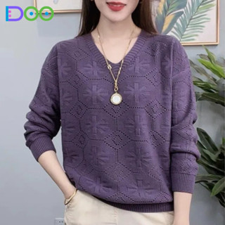 เสื้อสเวตเตอร์ถักไหมพรมแขนยาวคอกลมลายทาง สไตล์ผู้หญิง ทรงหลว…