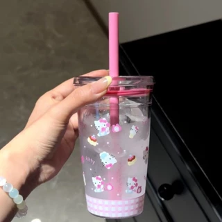 Ins สีชมพูน่ารักการ์ตูน HelloKitty ถ้วยกาแฟมูลค่าสูง DIY ถ้วยพลาสติกนักเรียน Office Home ถ้วยฟาง