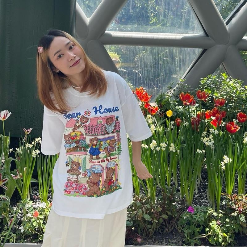 (จัดส่งตลอด 24 ชั่วโมง)เสื้อยืด Oversize เสื้อยืดลาย Spring Garden รวมสัตว์น้อยในสวนดอกไม้สุดคิ้วท์ ผ้าฝ้าย 100%