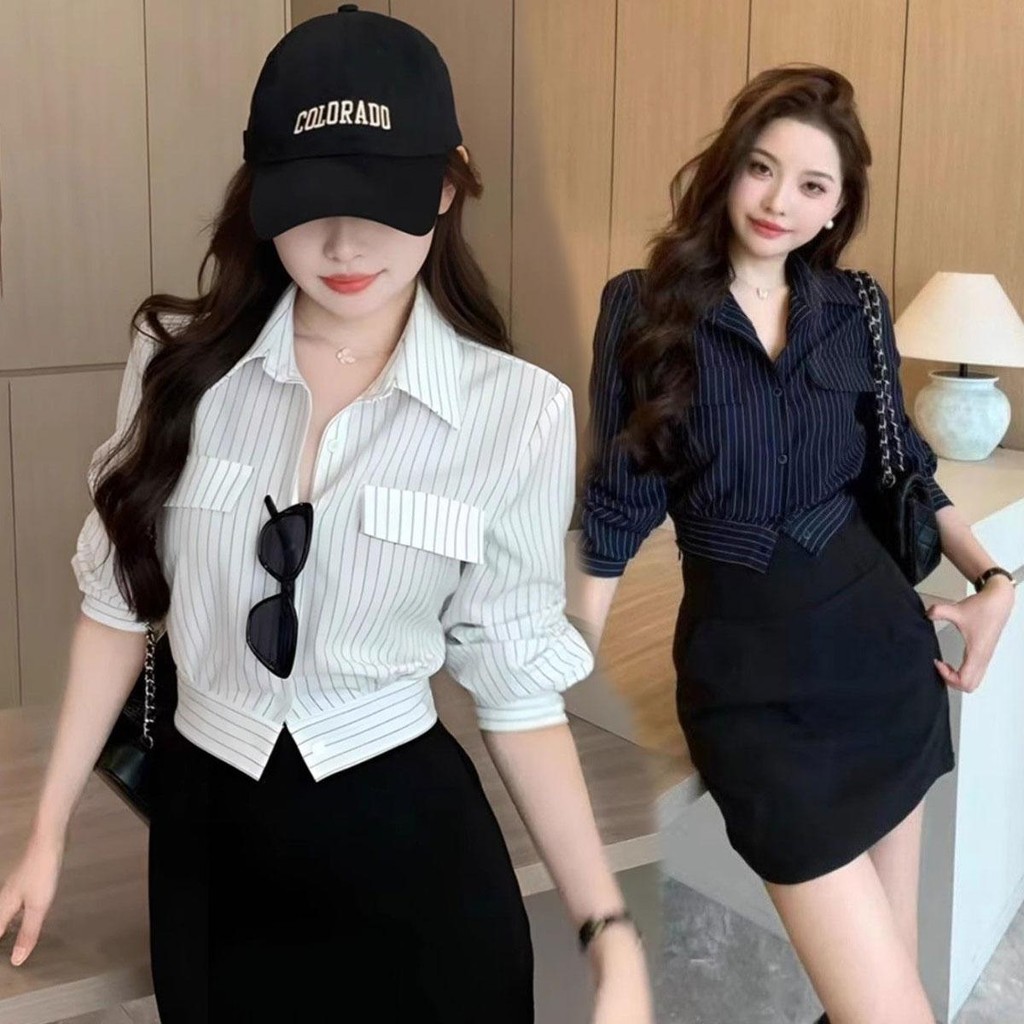 Cuites 🔥W629 เสื้อเชิ้ตแขนยาวผู้หญิงแฟชั่น เสื้อครอป คอปกโปโล  ลายทาง สไตล์เกาหลี สําหรับผู้หญิง  แบบเรียบ