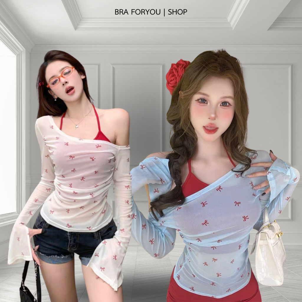 Bra Foryou เสื้อแขนยาวซีทรูปาดไหล่ ลายโบว์น่ารัก เซ็ต 2 ชิ้น แถมเสื้อคล้องคอมีฟองน้ำในตัว สวยเก๋ เซ็