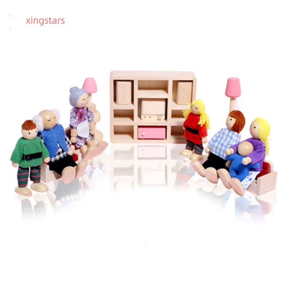 XINGSTARS ชุดฟิกเกอร์ของเล่น, Play House Joint Mobility People Dolls Family, Toy Kids Gift Wood ตุ๊กตาไม้หลากสี