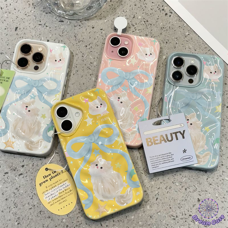 เคสไอโฟน11 การ์ตูนลูกแมวน่ารักสีฟ้าโบว์ผูกนุ่ม สำหรับ IPhone 16 11 13 15 12 14 Pro Max 16 13 15 14 Pro 16 15 8 7 14 Plus