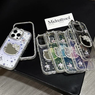 3Dการ์ตูนแมวกระจกโปร่งใสสีชมพูStar HardสําหรับiPhone 11 12 13 14 15 16 Pro MaxปลอกฝังRhinestoneรั้วขอบฝาครอบป้องกันการตกสําหรับiPhone11 กรณี