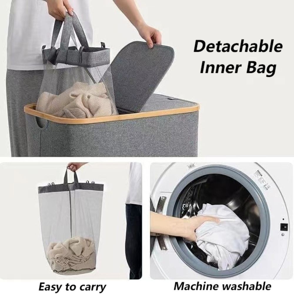 SWEE ตะกร้าเสื้อผ้าสกปรกพับได้พร้อมฝาปิด/ที่จับตะกร้าซักผ้าอเนกประสงค์ขนาดใหญ่กันน้ํา 2 ส่วนกระเป๋าด้านในซักผ้าตะกร้าอพาร์ทเมนท์ห้องนั่งเล่น - รูปที่ 2