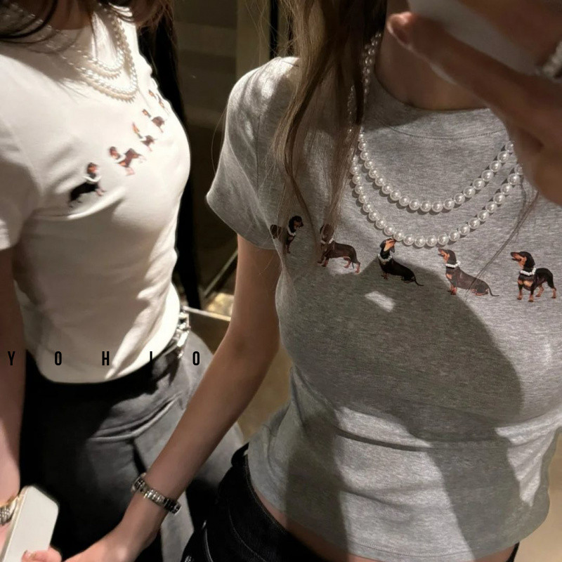 เสื้อยืดแขนสั้นพิมพ์ลายลูกสุนัขไส้กรอก สำหรับฤดูร้อน สำหรับผู้หญิง