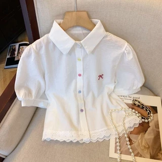 Dahong W635 เสื้อเชิ้ตแขนสั้นผู้หญิงน่ารักๆ oversize ปักโบว์แดง ผ้าคัตตอน เสื้อผ้าแฟชั่นสไตล์เกาหลี