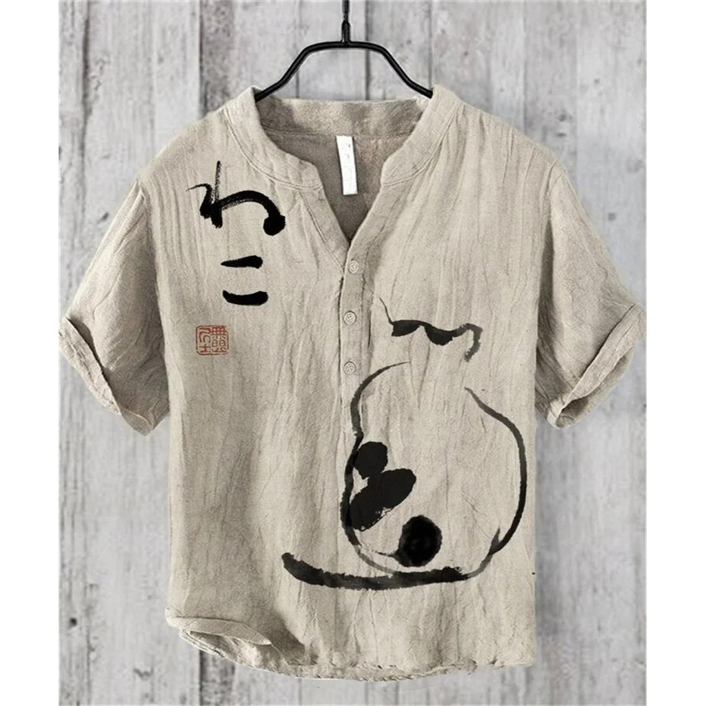 เสื้อฮาวายแขนสั้นผู้ชาย ทำจากยีนส์ V-neck สำหรับใส่สบายในวันหยุดริมทะเล