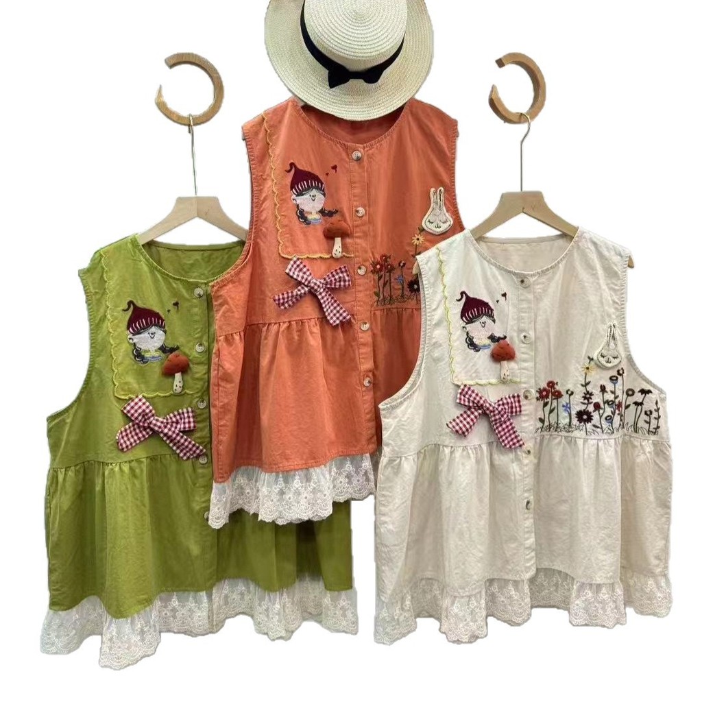 คุณภาพสูง ผู้หญิงเสื้อกั๊กเสื้อกันหนาว,ฤดูใบไม้ร่วงเสื้อผ้าผู้หญิงใหม่ โมริ ผู้หญิงปักกระดุมแถวเดียวลูกไม้ ประกบกัน หลวมเสื้อกั๊กเสื้อกั๊กผู้หญิง