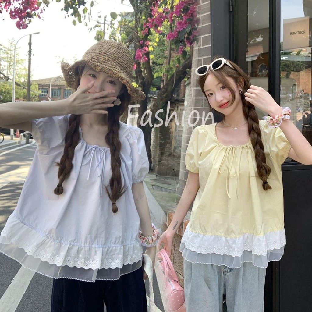 Dahong 💖 w638 เสื้อยืดแขนสั้น แขนพัฟ สไตล์ใหม่ เสื้อลูกไม้แขนพองสไตล์ฝรั่งเศสสำหรับผู้หญิง สไตล์เกาหลี ทรงสวย น่ารัก