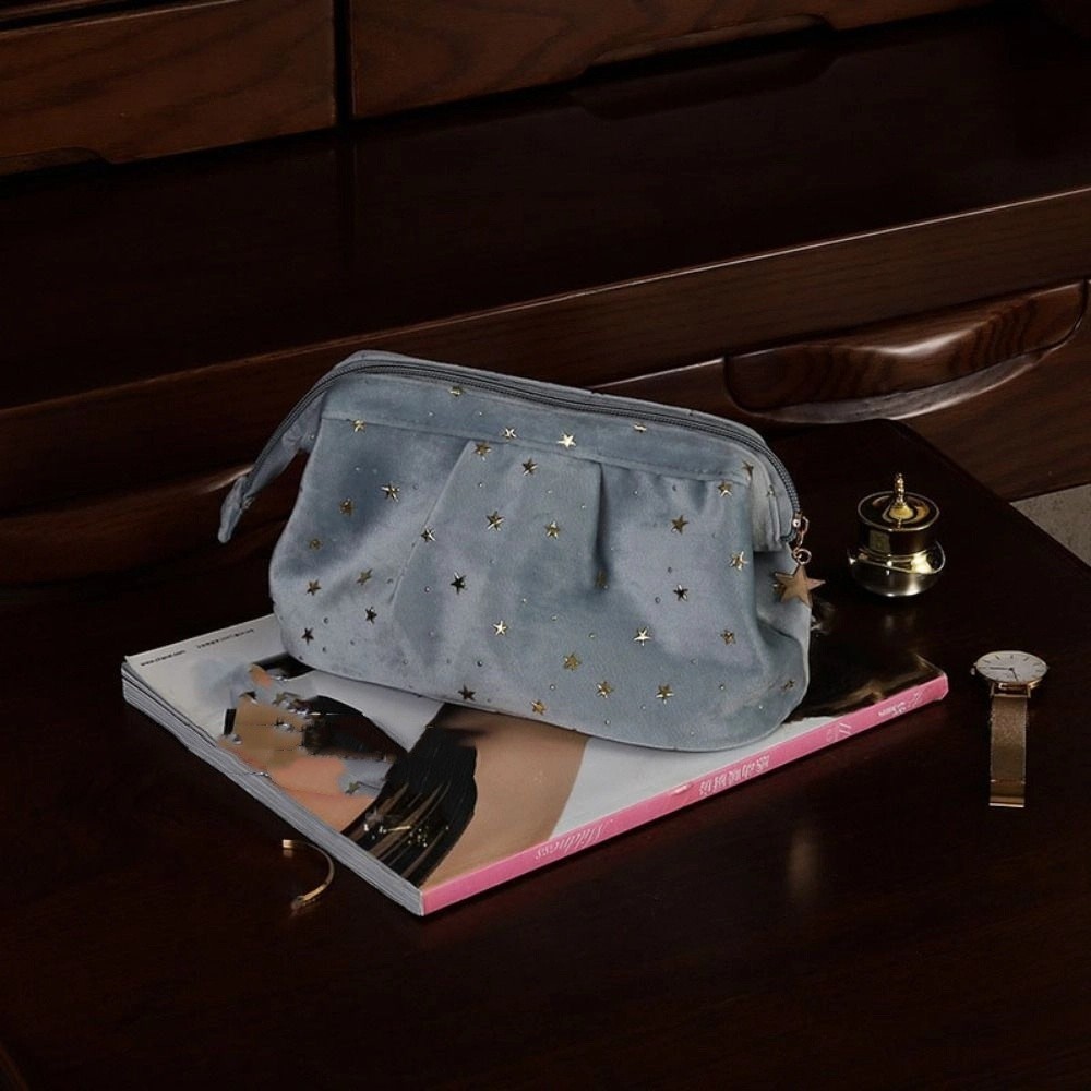 SOLARLINX Shell Shape Makeup Case,ซิปล้างกระเป๋ากํามะหยี่กระเป๋าเครื่องสําอาง,เกาหลีIns Bronzing Starsขนาดใหญ่ความจุกระเป๋าถือกระเป๋าเดินทางล้างหน้า - รูปที่ 7