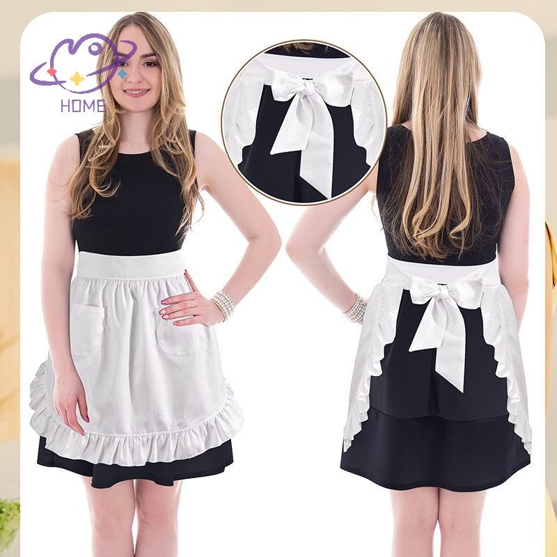 [mayhome] ผู้หญิงครึ่งเอวทําอาหารผ้ากันเปื้อนครัวสั้น Lolita แม่บ้านเซ็กซี่ลูกไม้สีดําสีขาว Bib ความงามดอกไม้ร้านกาแฟ Pinafore Home Work {TH}