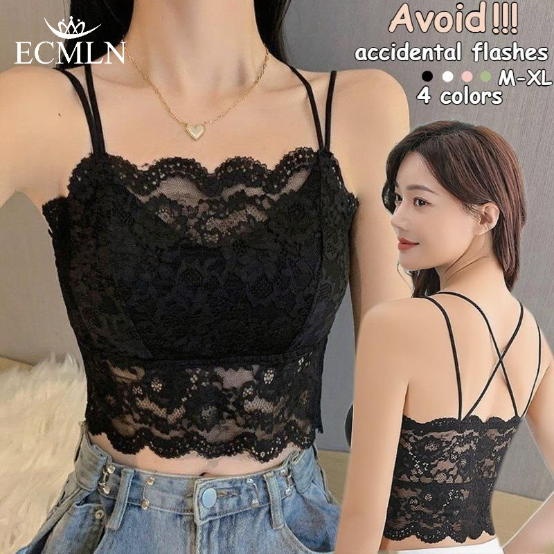 ECMLN เสื้อชั้นในสตรีลูกไม้ลายดอกไม้เซ็กซี่พร้อมชุดชั้นในเบาะสําหรับผู้หญิงขนาดใหญ่บางเปลือย Tube-top ไม่มี Underwire Anti-exposure Bra