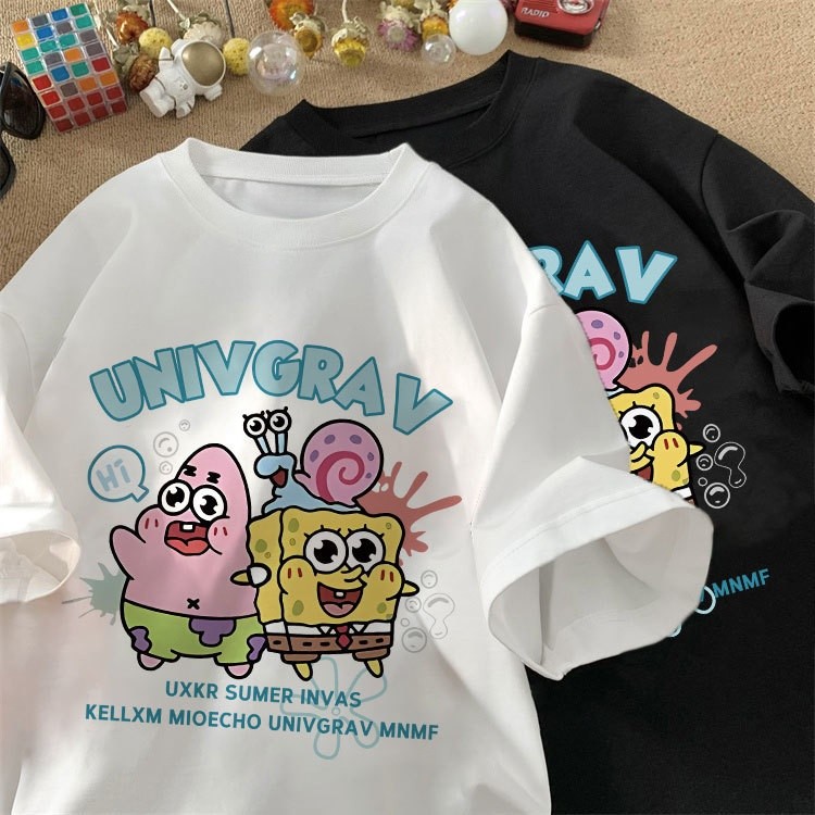 เสื้อยืดแขนสั้นเด็ก เสื้อยืดคอกลมฤดูร้อนลาย SpongeBob SquarePants ผ้าฝ้าย ไซส์หลวม  ระบายอากาศดี t shirt