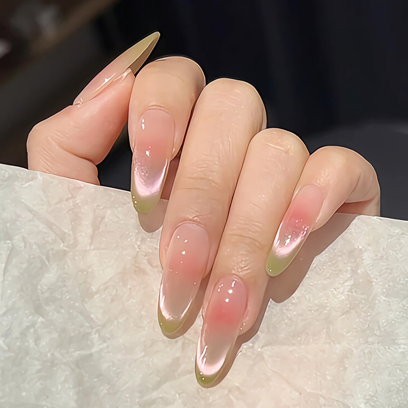 ทําด้วยมือสวมใส่เล็บ French Guava Blush Cats Eye 2025 ฤดูใบไม้ผลิฤดูร้อน High-End Whitening Pure Des