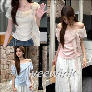 Veewink พร้อมส่งจากกรุงเทพฯ เสื้อสีฟ้าผู้หญิงน่ารักๆ แขนจีบ เสื้อแขนสั้นเอวลอย ลายสีตัดกัน ทรงกระชับตัว