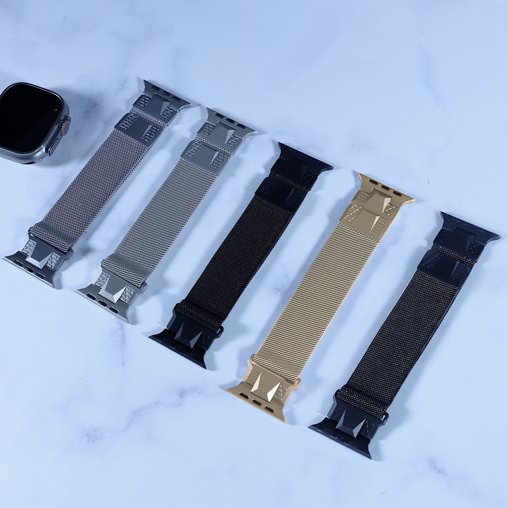 适用苹果手表带Applewatch1-9代机甲米兰金属一体表带 iwatch表带