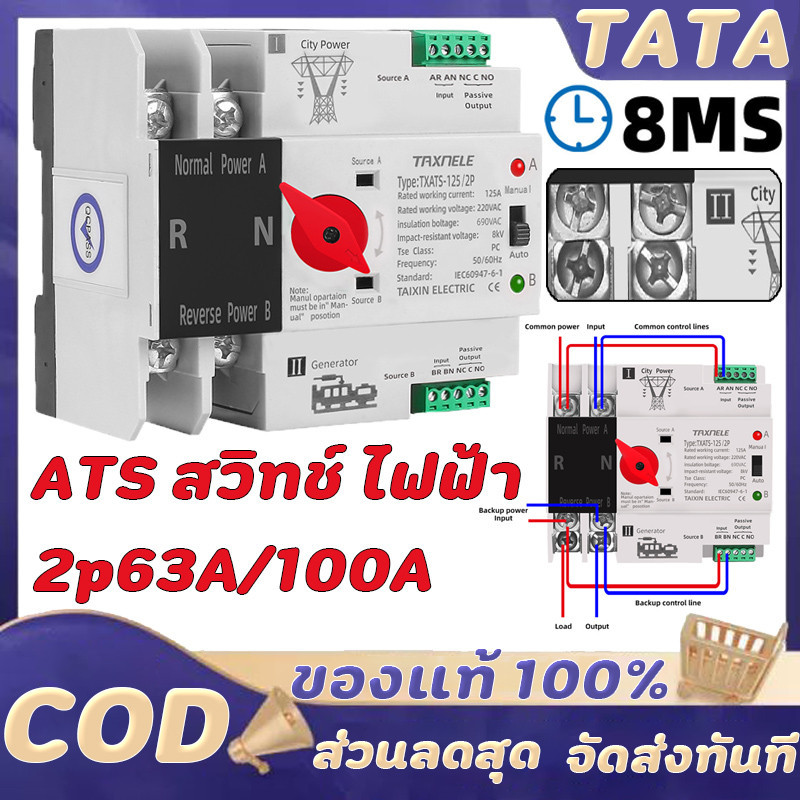 ATS สลับไฟ ATS Automatic Dual Power Transfer Switch 2P 63A/100A สลับไฟเร็ว น้อยกว่า 30ms