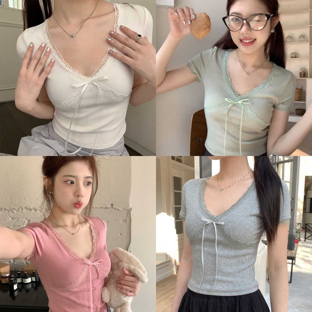 Soroh เสื้อยืดผู้หญิง แขนสั้น คอวี หลากสี ประดับโบว์ สไตล์ลำลอง เสื้อยืดใส่สบาย #ZL03