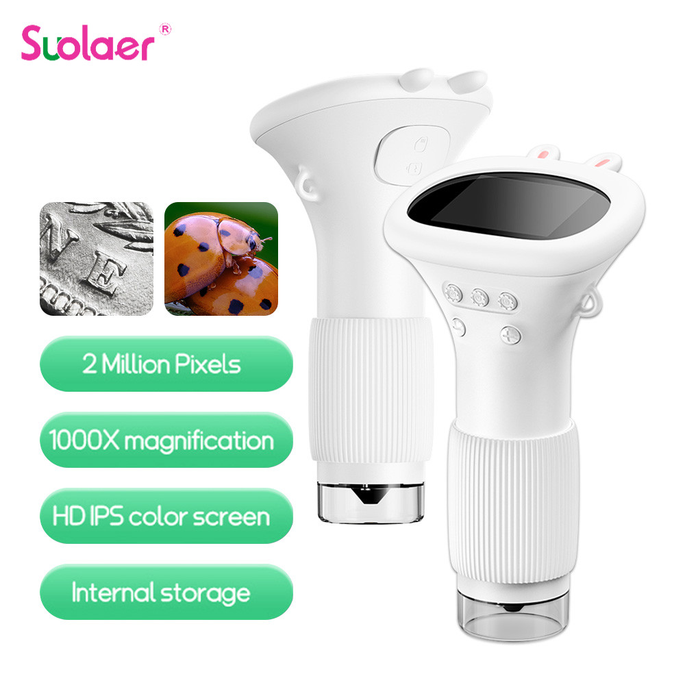 Suolaer 1000X กล้องจุลทรรศน์เด็กดิจิตอล 2MP HD IPS หน้าจอสีไฟฟ้า Mini เด็กชีวภาพวิทยาศาสตร์แมลงกลางแจ้งเหรียญ PC แว่นขยาย