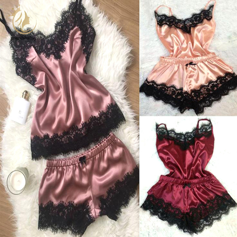 [goushbshiy] ชุดนอนสตรีแขนกุดชุดนอนสายรัดลูกไม้ Trim Sa Cami Top Pajama Set TH