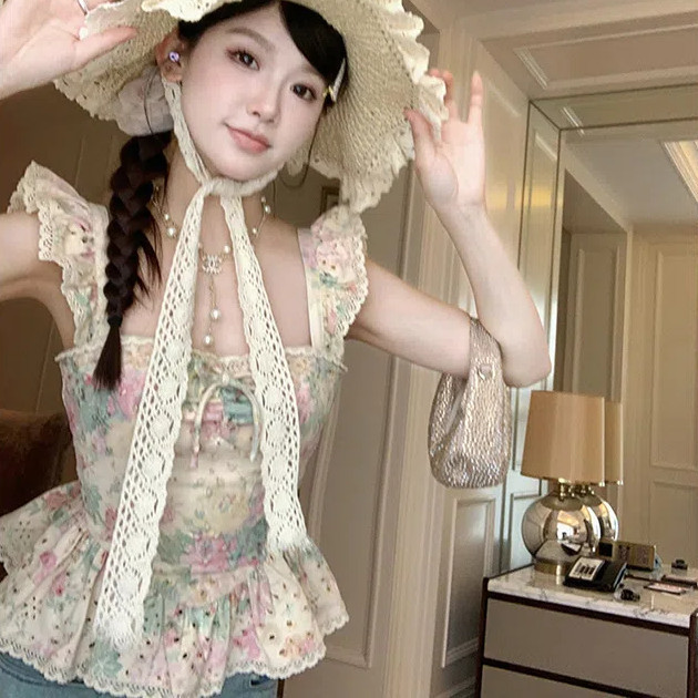 ผู้หญิง น่าระทึกใจ ขอบบินขนาดเล็กแขนเสื้อขนาดเล็กพิมพ์ด้านบนโบว์อเนกประสงค์อายุลดเอวสั้นเสื้อผ้าผู้หญิง
