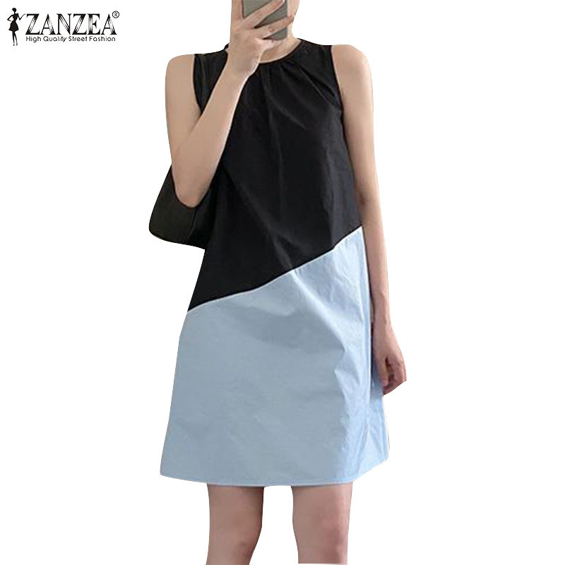 ZANZEA ใส่ ซานเซีย ผู้หญิงเกาหลีลําลองลูกเรือคอหลวมออกแบบชุดเย็บปะติดปะต่อกันแขนกุด