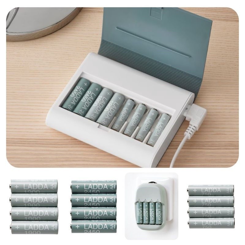 IKEA  LADDA  ถ่านชาร์จ ikea ถ่าน4ก้อน แบตเตอรีชาร์จไฟ, ที่ชาร์จแบต tjugo , stenkol