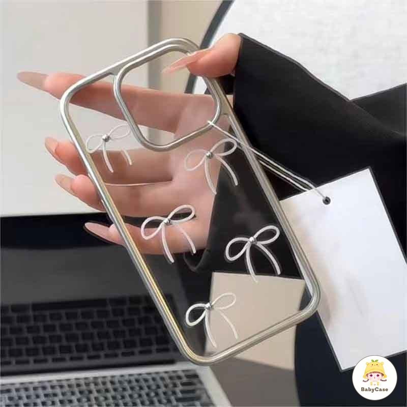 รูปแบบเรียบง่ายประดับโบว์มุกสวยใสกรอบไฟฟ้าที่หรูหรา เคส IPhone 16 14 11 12 15 13 Pro Max XR X XS MAX 7 8 14 Plus SE 2020