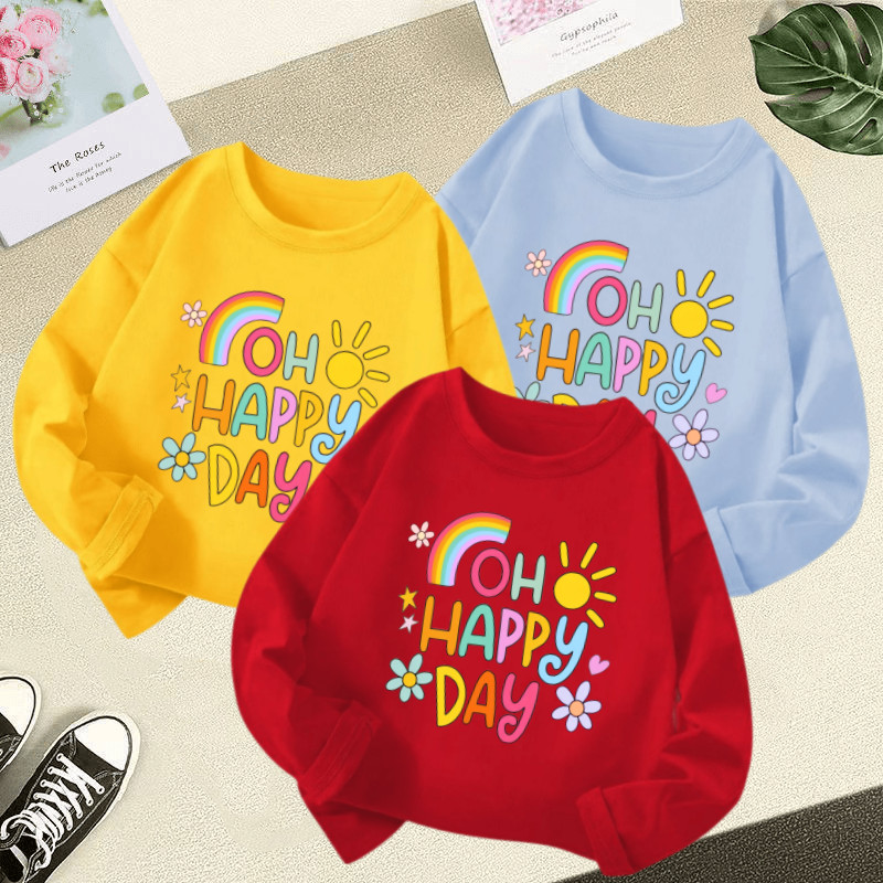 3-12ปีที่มีสีสันจดหมายพิมพ์สาวแขนยาวเสื้อยืดฤดูร้อนสบายๆเสื้อผ้าเด็กนุ่มรอบคอเด็กท็อปส์ลูกอมสีทุกการแข่งขันเด็ก เสื้อยืด