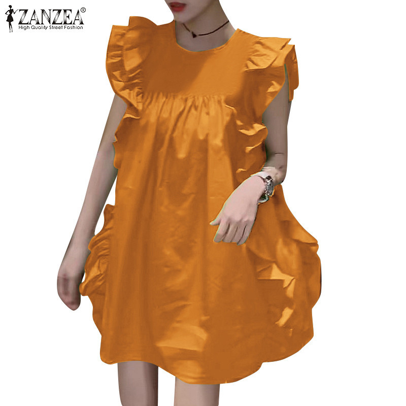 Zanzea ชุดเดรสหลวมแขนกุดคอกลมลําลองเกาหลีสําหรับผู้หญิง