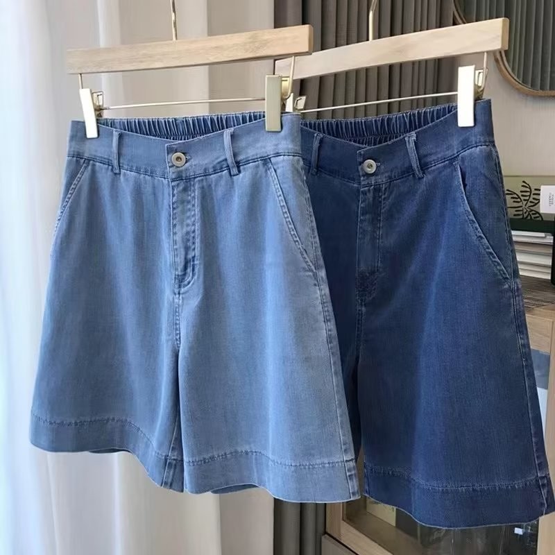 Tencel กางเกงขาสั้นผ้ายีนส์ผู้หญิงฤดูร้อนบาง A-line เอวสูงขนาดบวกกางเกงหลวมอเนกประสงค์ผ้าไหมน้ําแข็งกางเกงขากว้างตัด