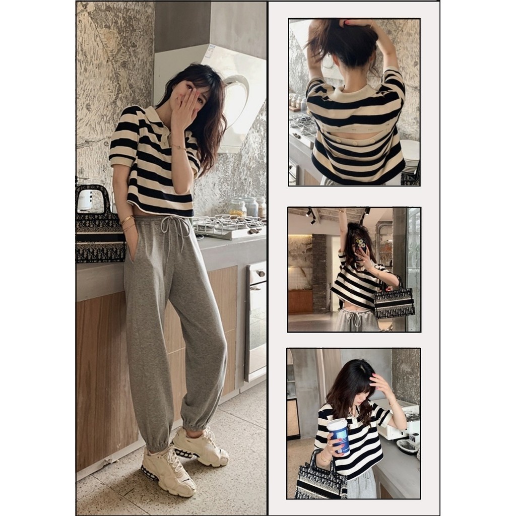 ส่งไวจากไทย SELLDA M-2XL เสื้อครอป แขนสั้น ลายทาง เสื้อยืด เกาหลี ผู้หญิง เสื้อโปโล