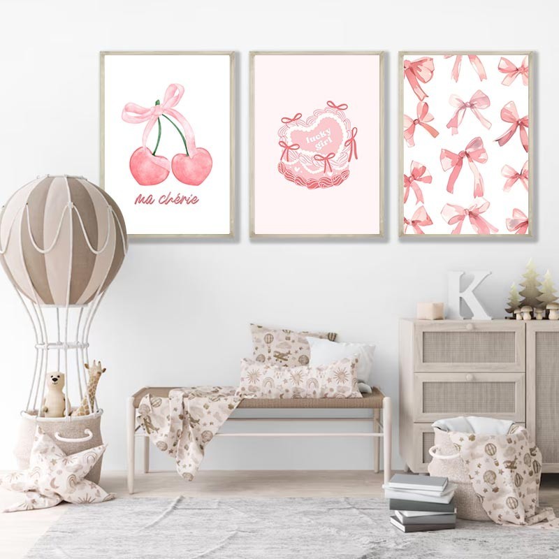 สีชมพู Tinted Heart Bow Cherry โปสเตอร์อินเทรนด์ Modern Girls Room ภาพวาดผ้าใบห้องนอนตกแต่งบ้าน Frameless Wall Art