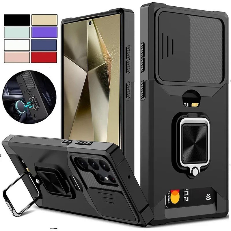 SAMSUNG เกราะกันกระแทกสําหรับsamsung S25 Ultra S24 S23 S22 S21 Ultra Plus S24FFE S23 S21 S20 FEหมายเหตุ20 Plus A55 A35 Magnetic Cardผู้ถือเลื่อนเลนส์ป้องกันHardปกหลัง