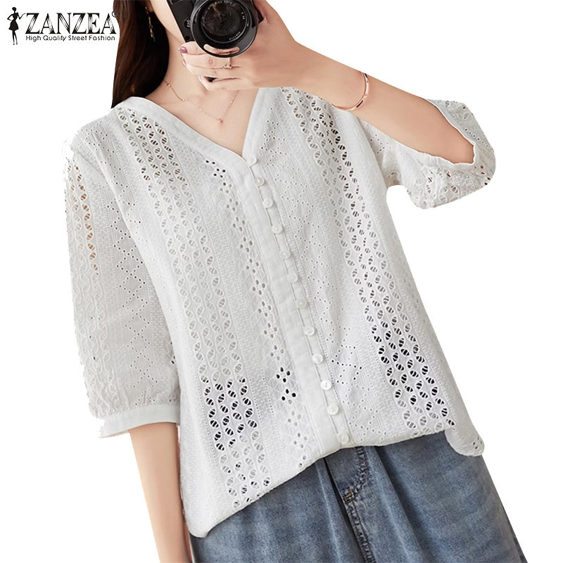 Zanzea เสื้อเบลาส์คอวีกลวง 3/4 สําหรับผู้หญิงเกาหลี