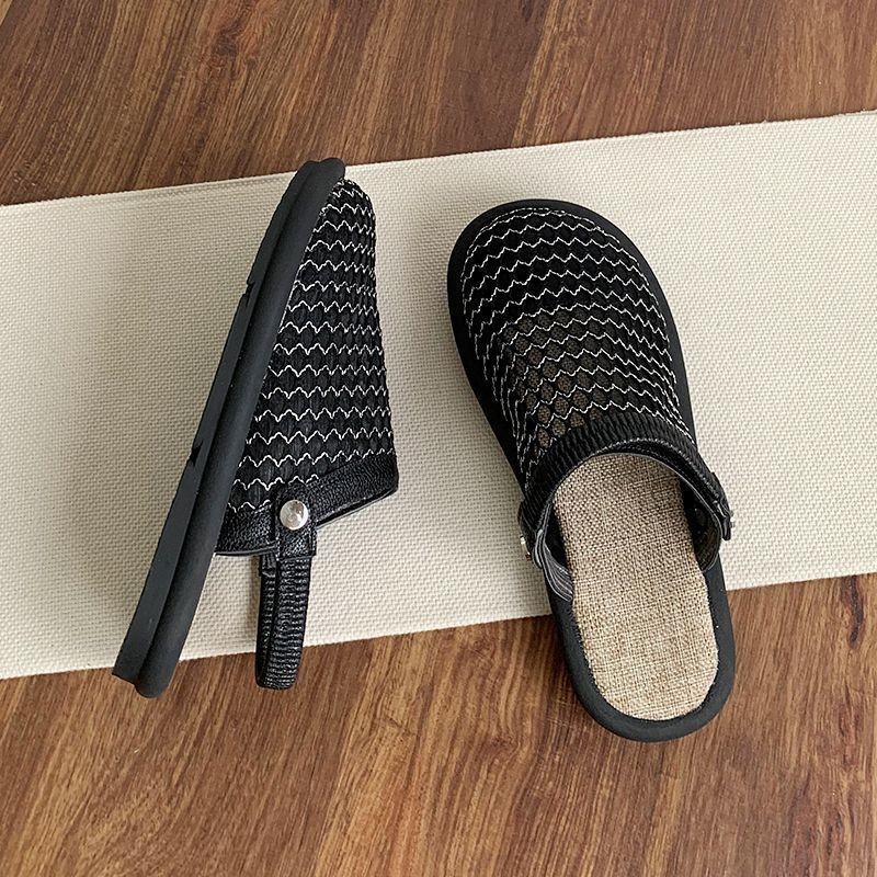 รองเท้าแตะผ้าลินินผู้หญิงสไตล์ใหม่สองสวม Soft-Soled Toe-Covered รองเท้าแตะครึ่งสวมใส่ด้านนอกตาข่ายระบายอากาศ
