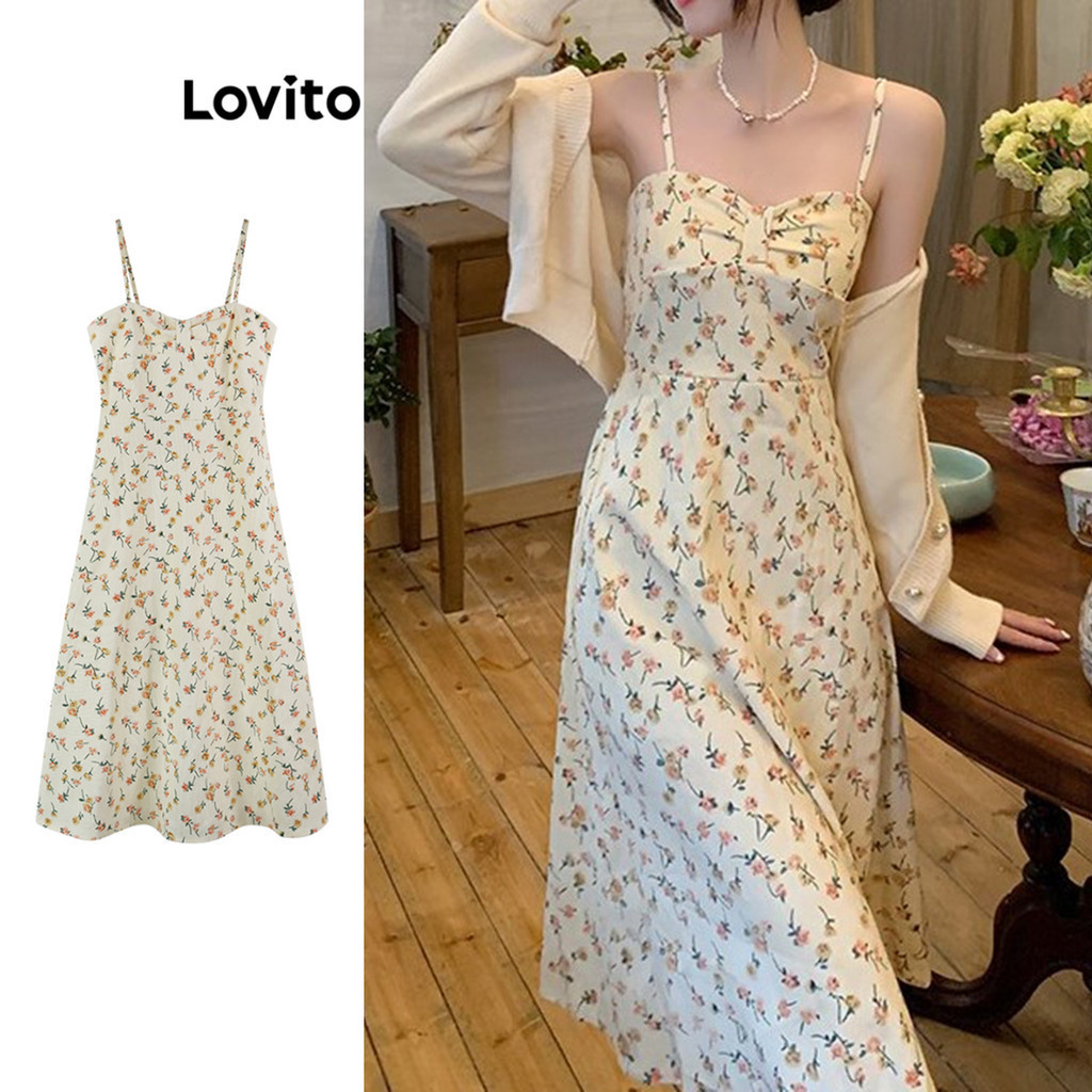 Lovito เดรสผู้หญิง ลายดอกไม้ แต่งจีบ สไตล์ลำลอง LNE58659